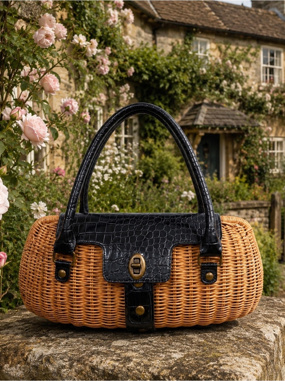 Vintage Woven Rattan Top Handle Purse Faux Croc Trim Coastal Bag Purse